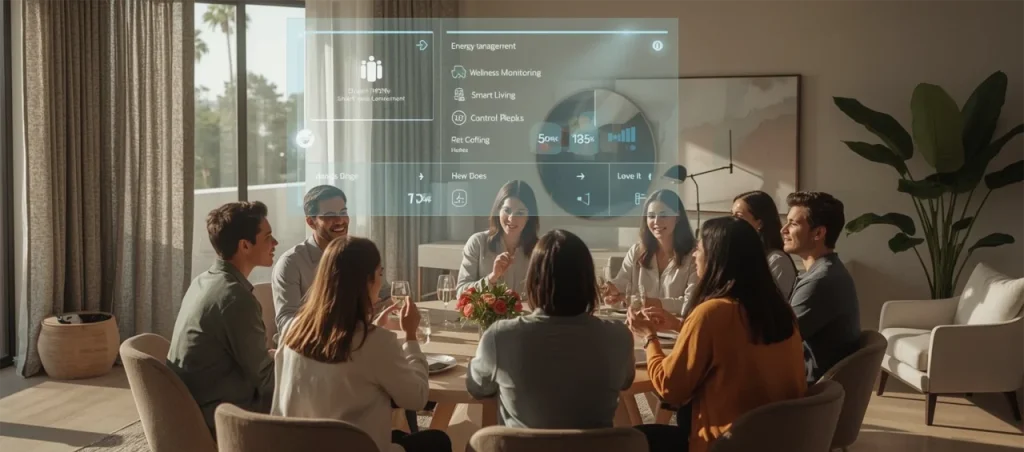 Group of diverse professionals discussing smart home technology with holographic interface displaying energy management and wellness monitoring in a modern living room