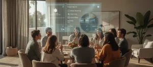 Group of diverse professionals discussing smart home technology with holographic interface displaying energy management and wellness monitoring in a modern living room